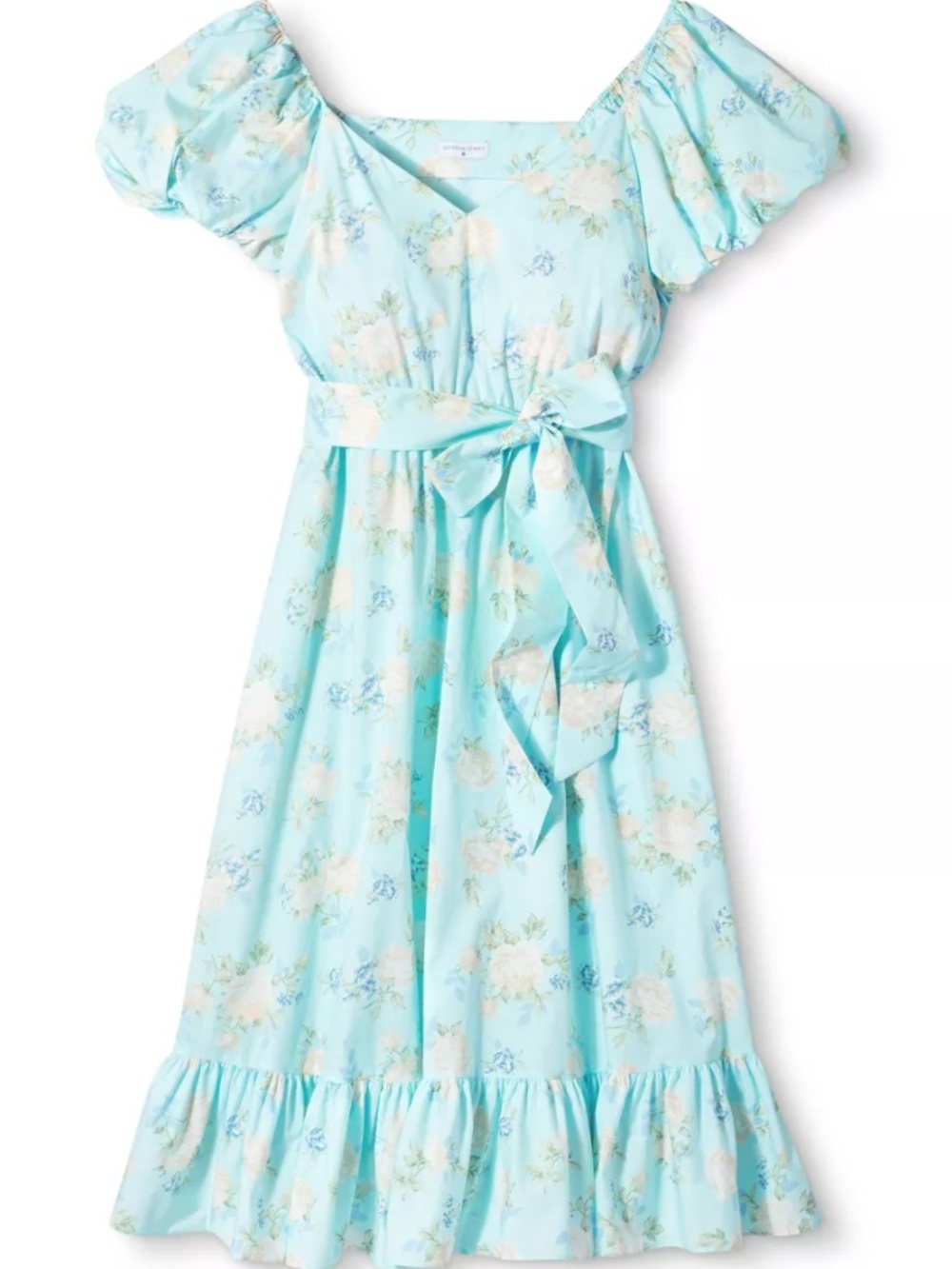 LoveShackFancy Pastel Floral V-Neck Dress in Light Aqua and Peach